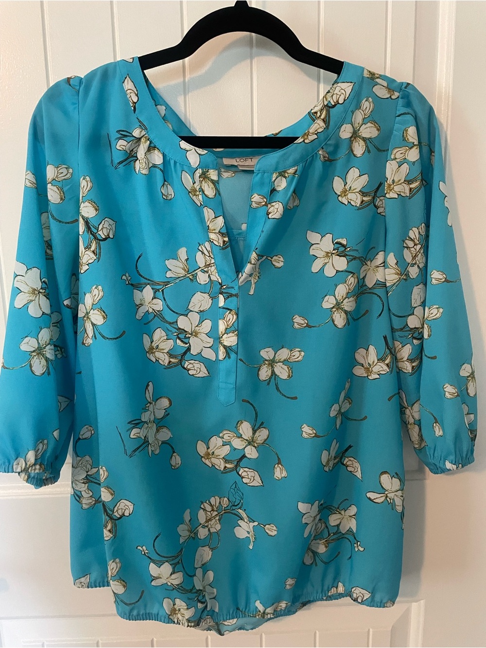 LOFT Vibrant Blue Floral Split-Neck Elastic Hem Blouse